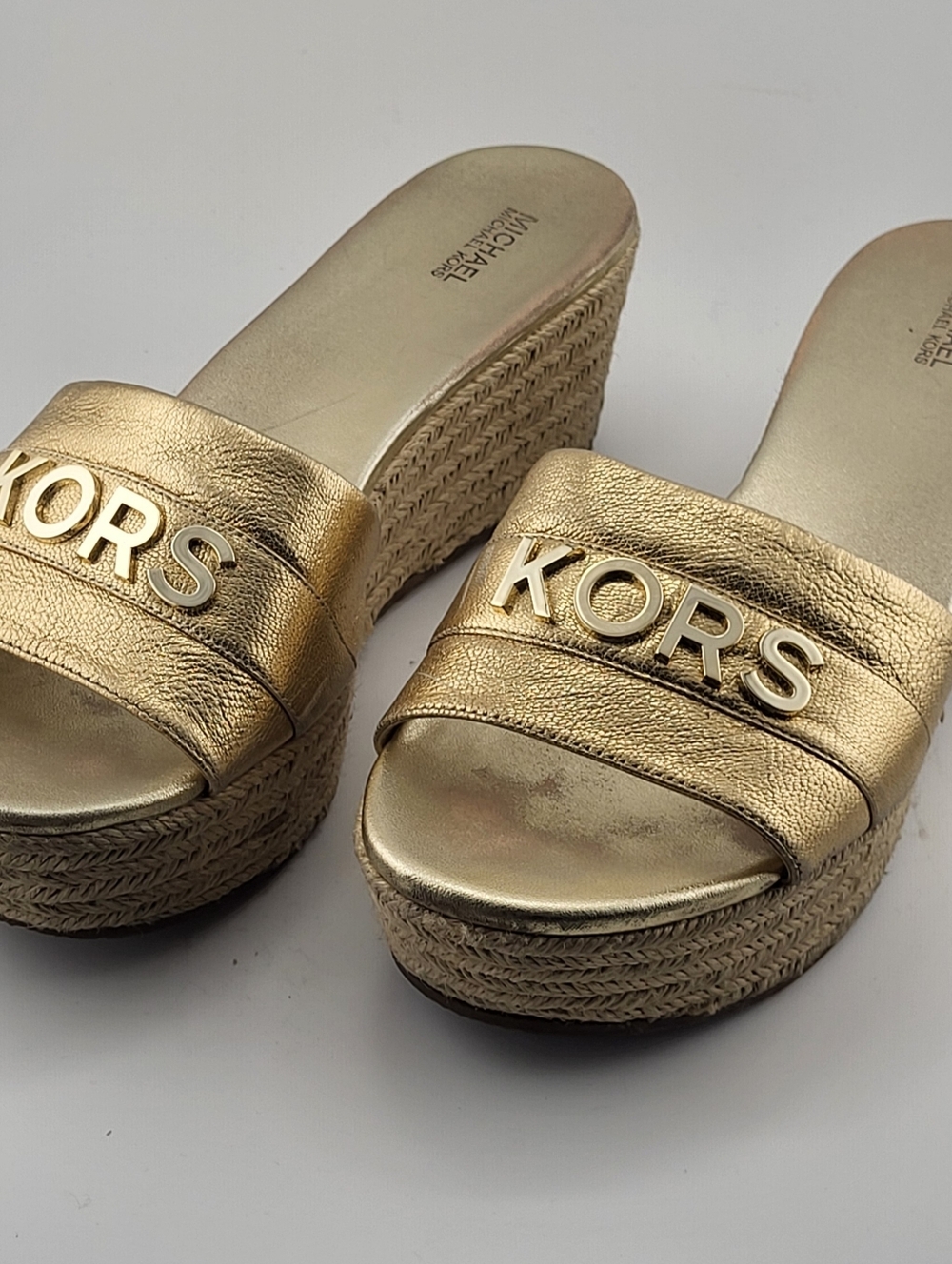 Michael Kors Metallic Gold Espadrille Platform Slide Sandals Leather Upper 9M - Picture 2 of 10